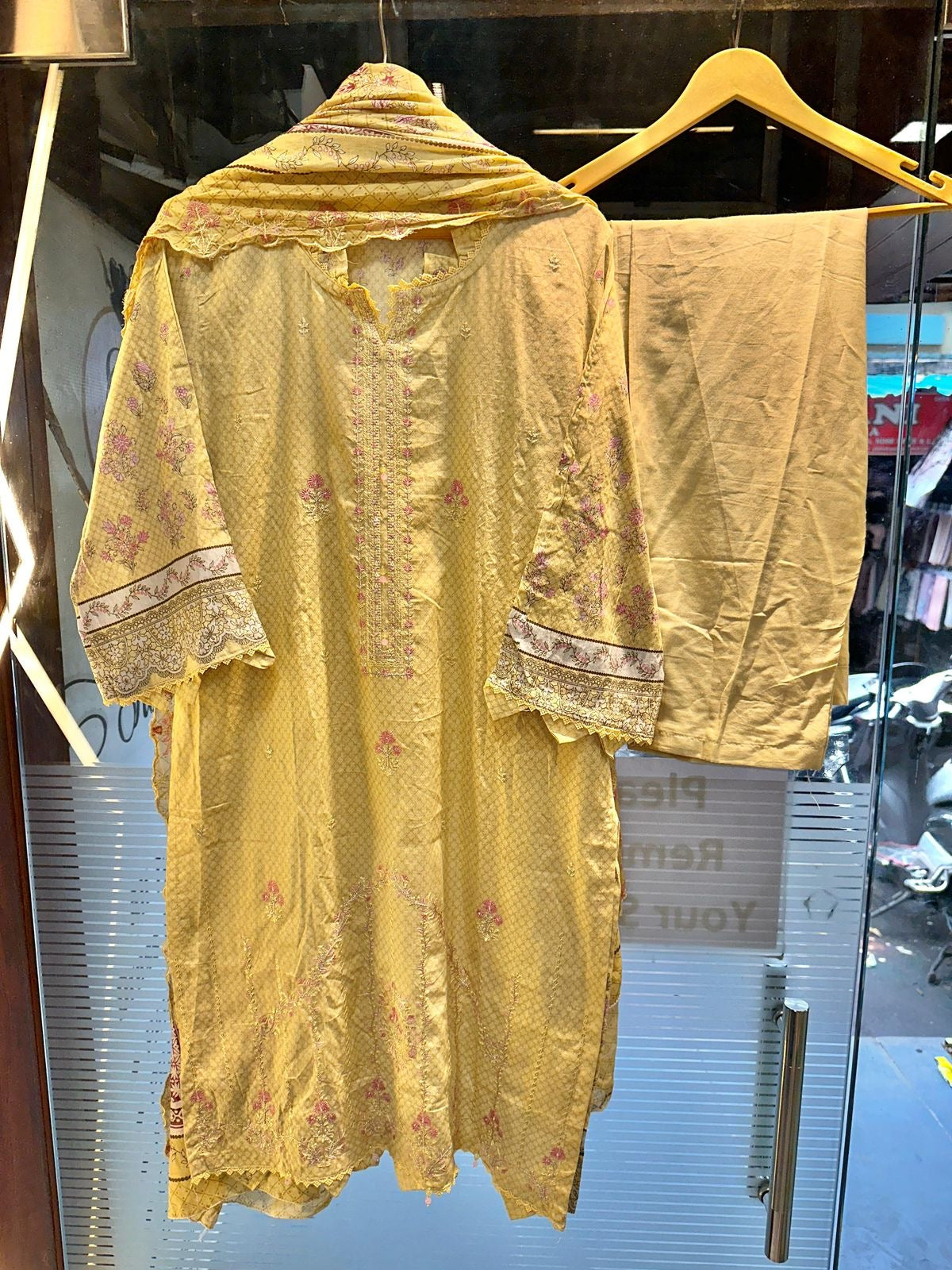 Lime yellow 3 piece lawn suit