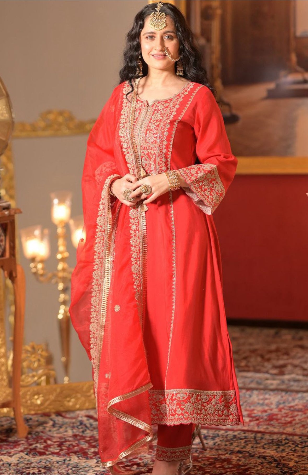 <img src="image.jpg" alt="3-piece silk Indian Anarkali set featuring an elegant silk kurta, matching silk pants, and a lightweight chiffon dupatta. Perfect for festive events, weddings, and traditional celebrations.">