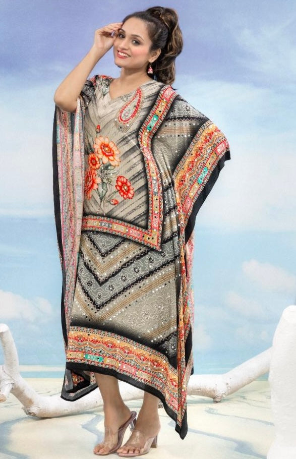 Black printed with mirror work embroidered kaftan