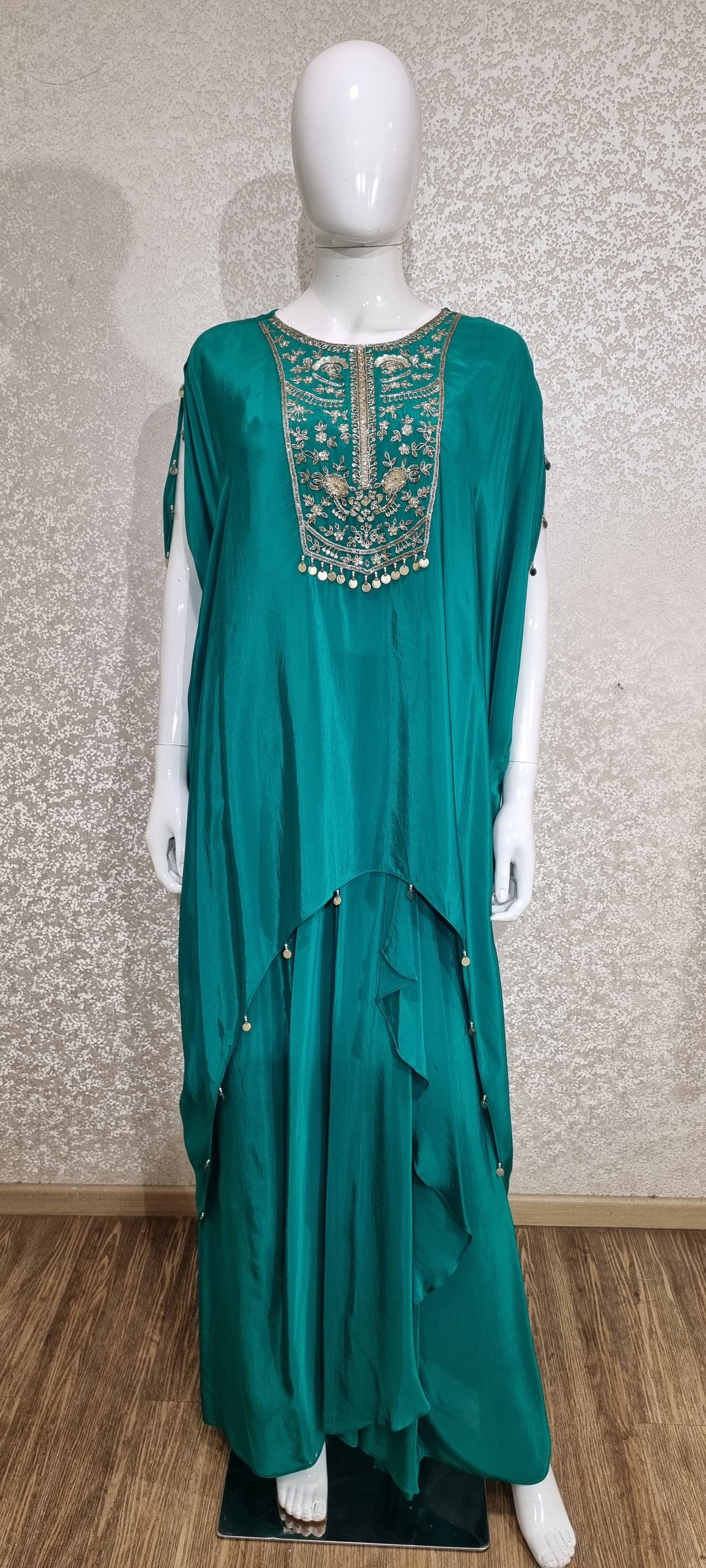 Green drape skirt suit