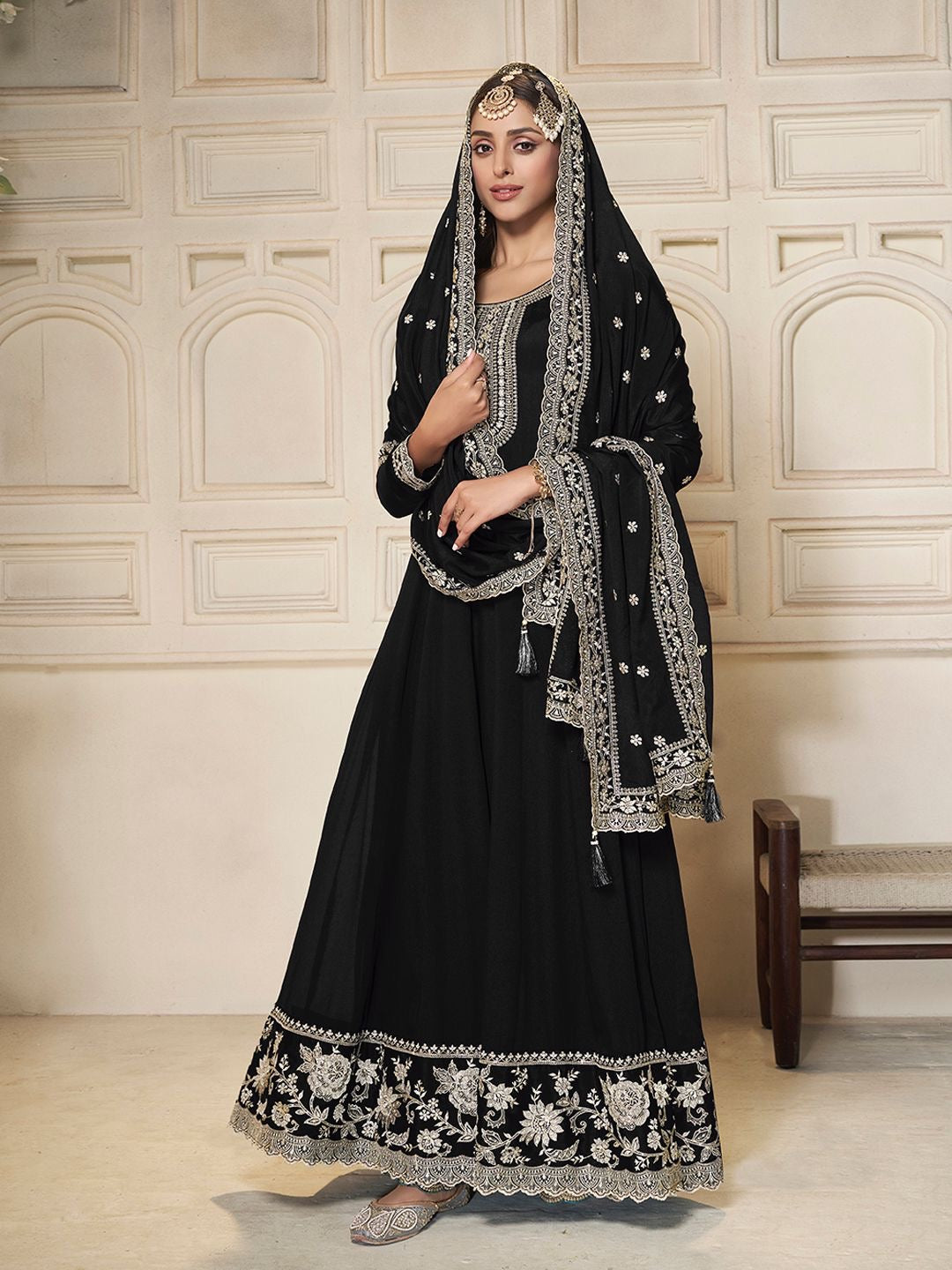Black long Anarkali with heavy embroidered