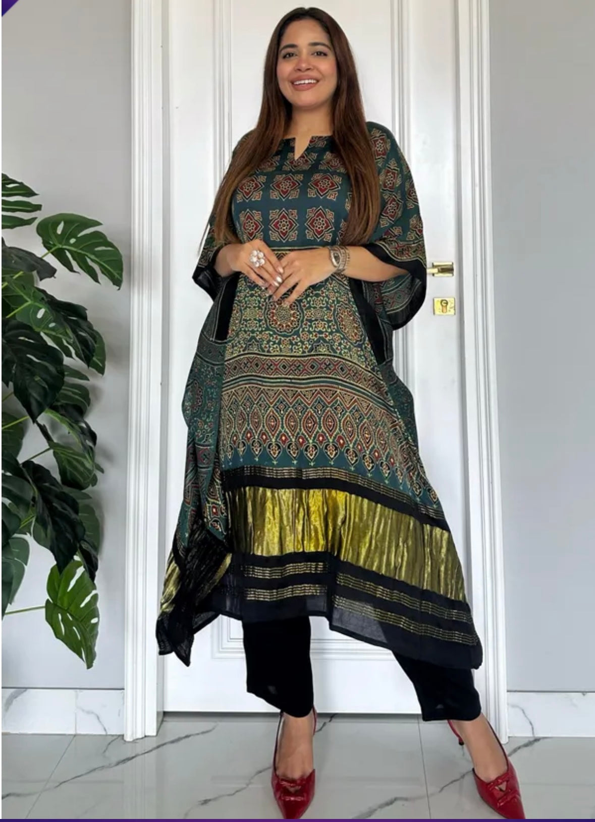 Green and Black ajrak kaftan set