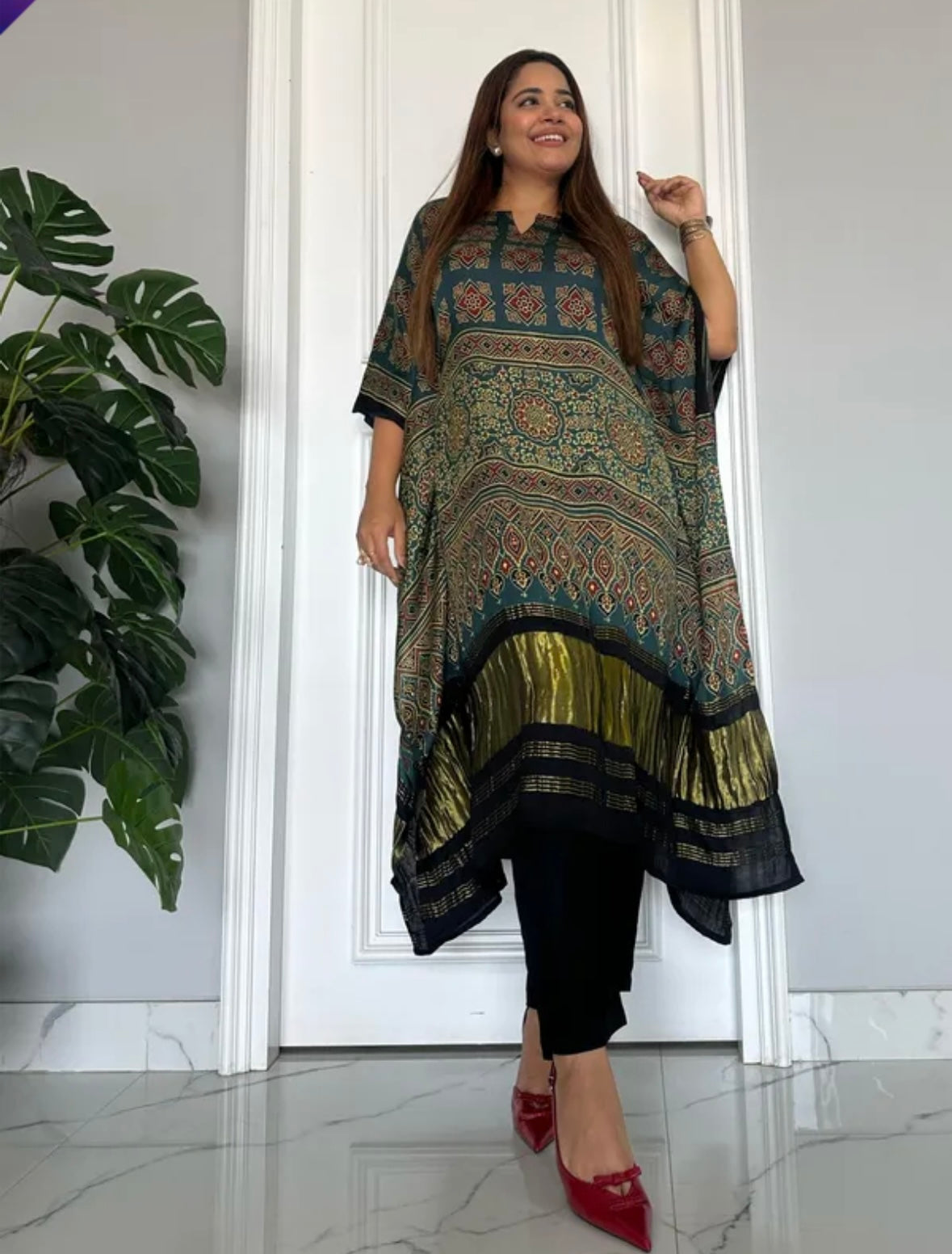 Green and Black ajrak kaftan set