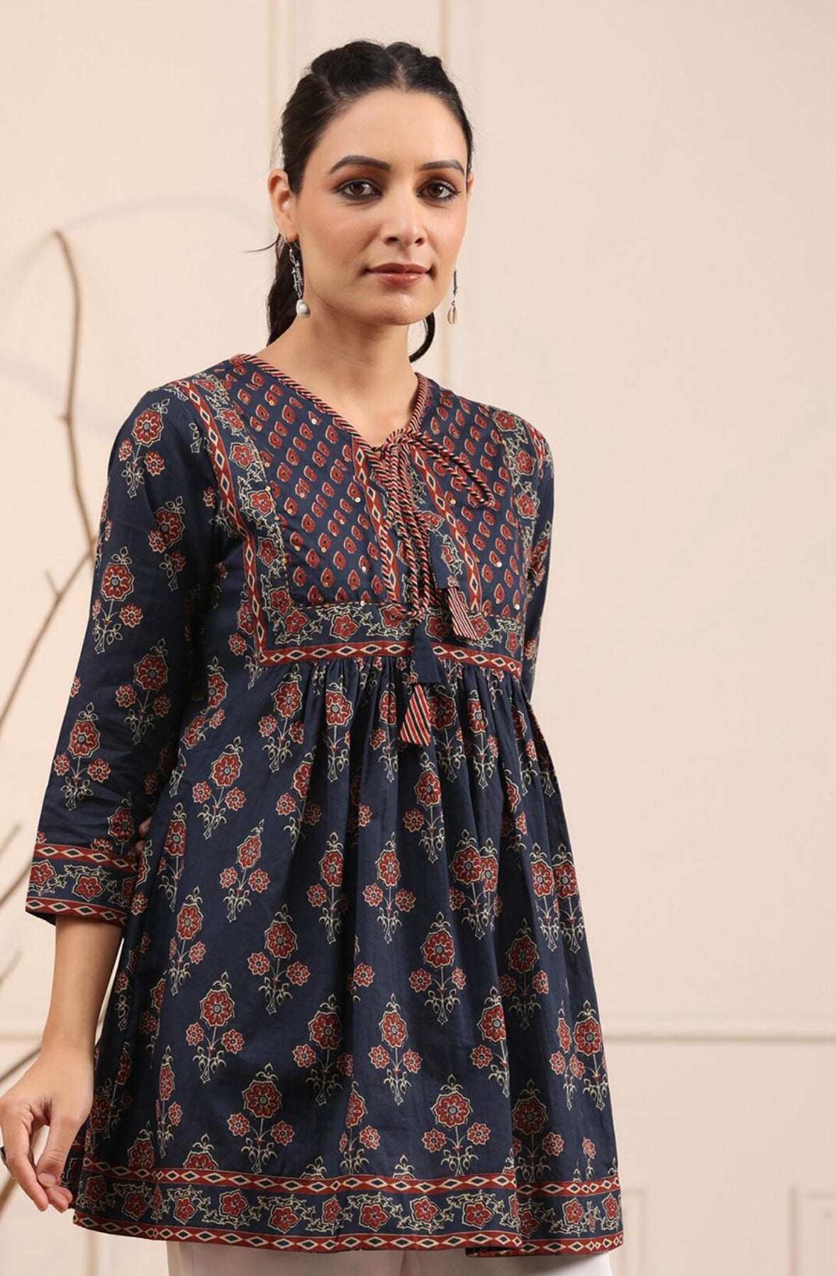 Blue & Rust Floral Printed Pure Cotton Empire Kurti