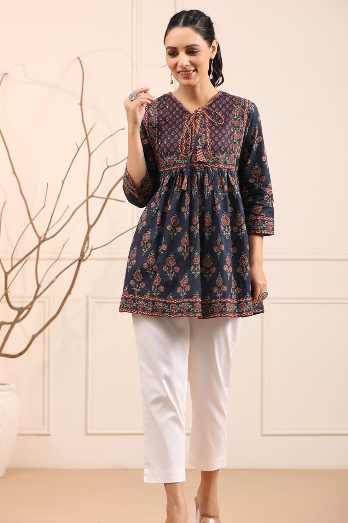 Blue & Rust Floral Printed Pure Cotton Empire Kurti