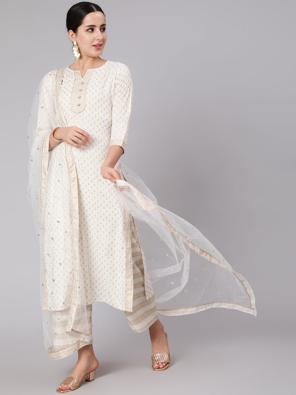 White and gold printed 3 piece kurta set