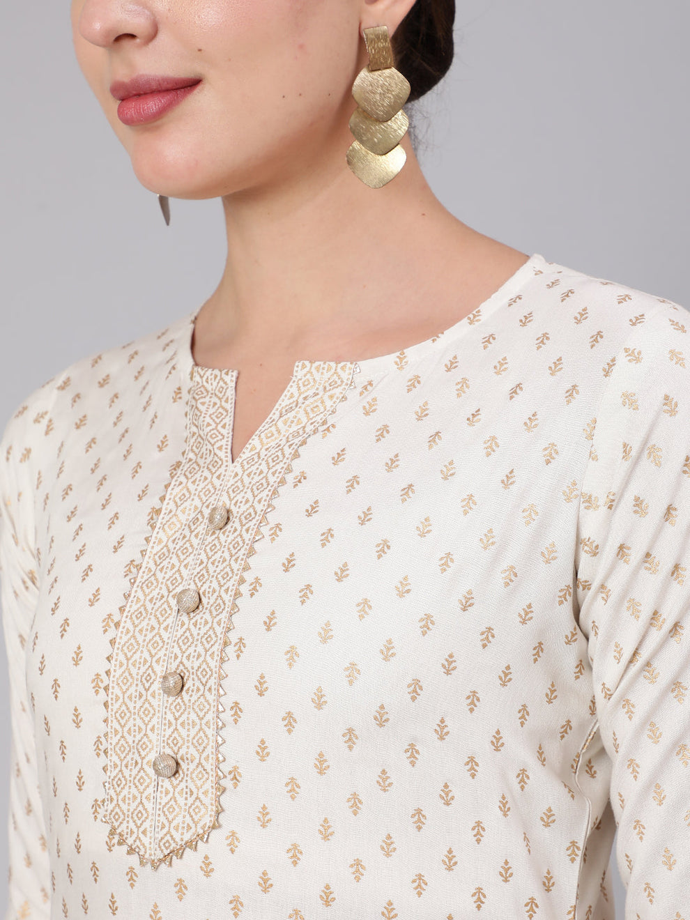 White and gold printed 3 piece kurta set