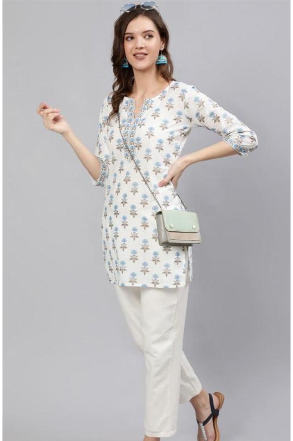 White printed cotton short kurti under $20