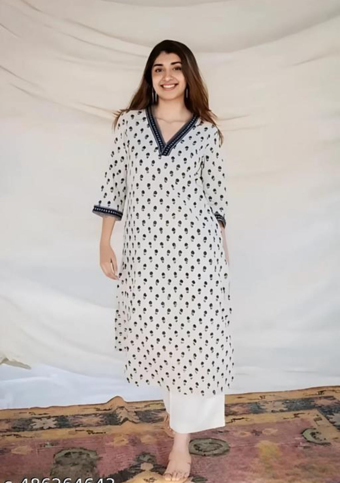 Affordable Cotton Long Kurtis – White Printed V-Neck, 3/4th Sleeves, Under $30