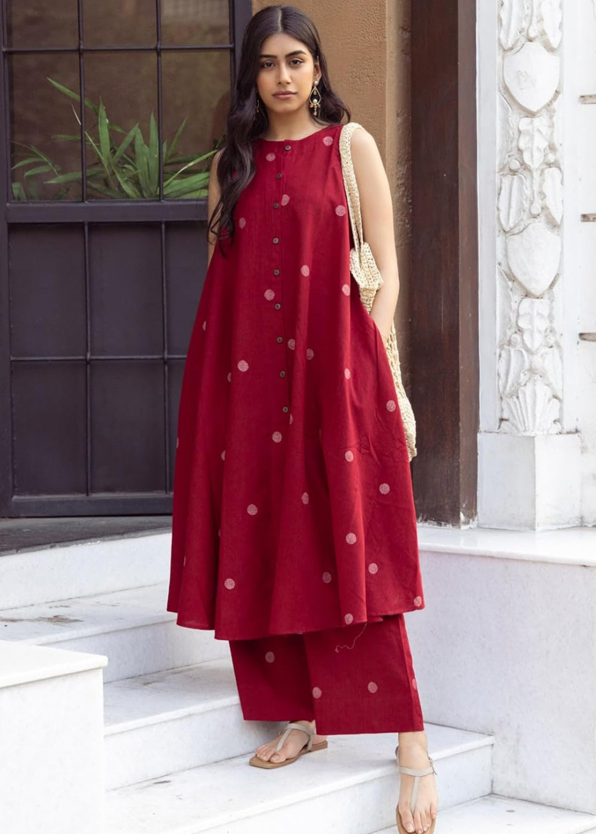 Red A-Line Co-ord Set for Women – Stylish 2-Piece Outfit with Flared Palazzo Pants