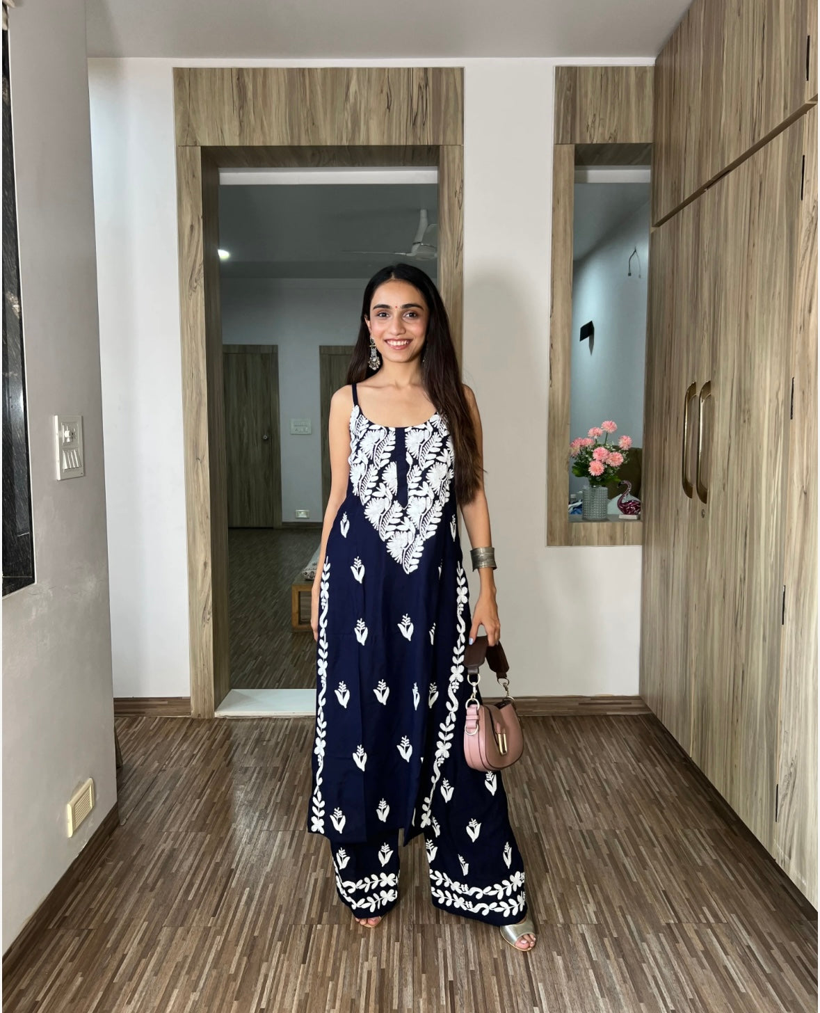 Spaghetti strapped chikankari kurti set with flared plazzo set