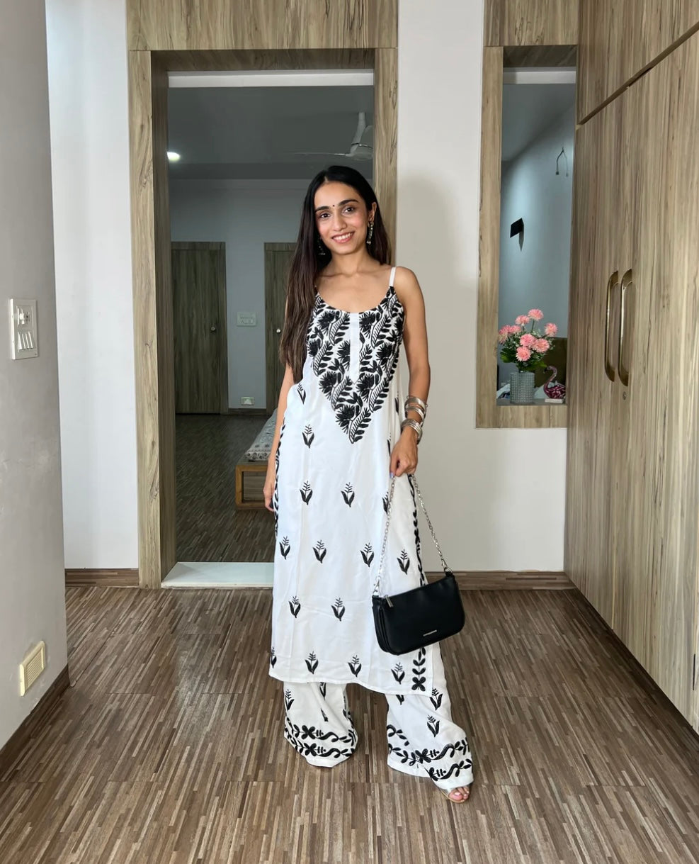 Spaghetti strapped chikankari kurti set with flared plazzo set