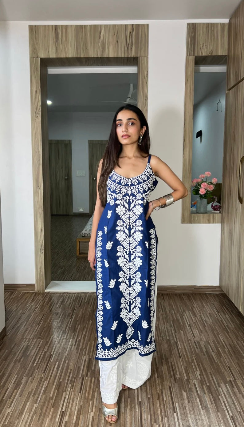 Spaghetti strapped Chikankari kurti set