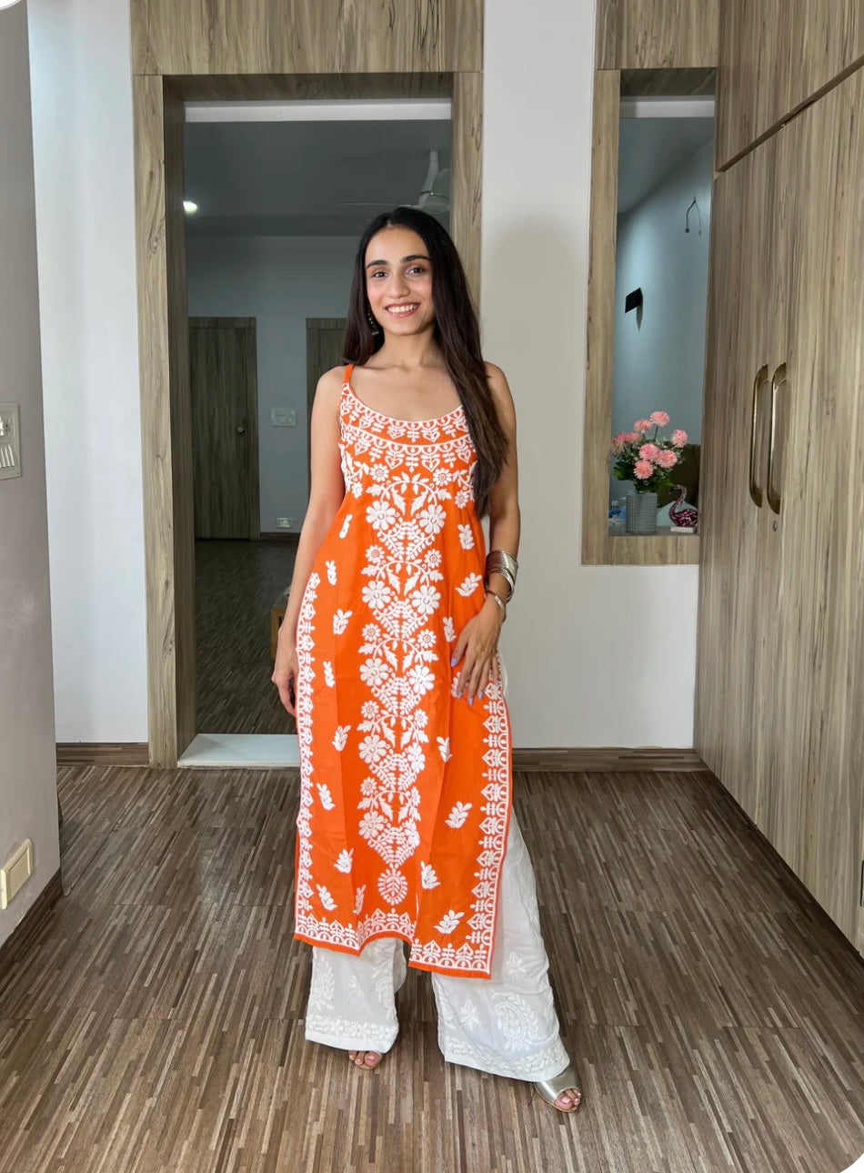 Spaghetti strapped Chikankari kurti set