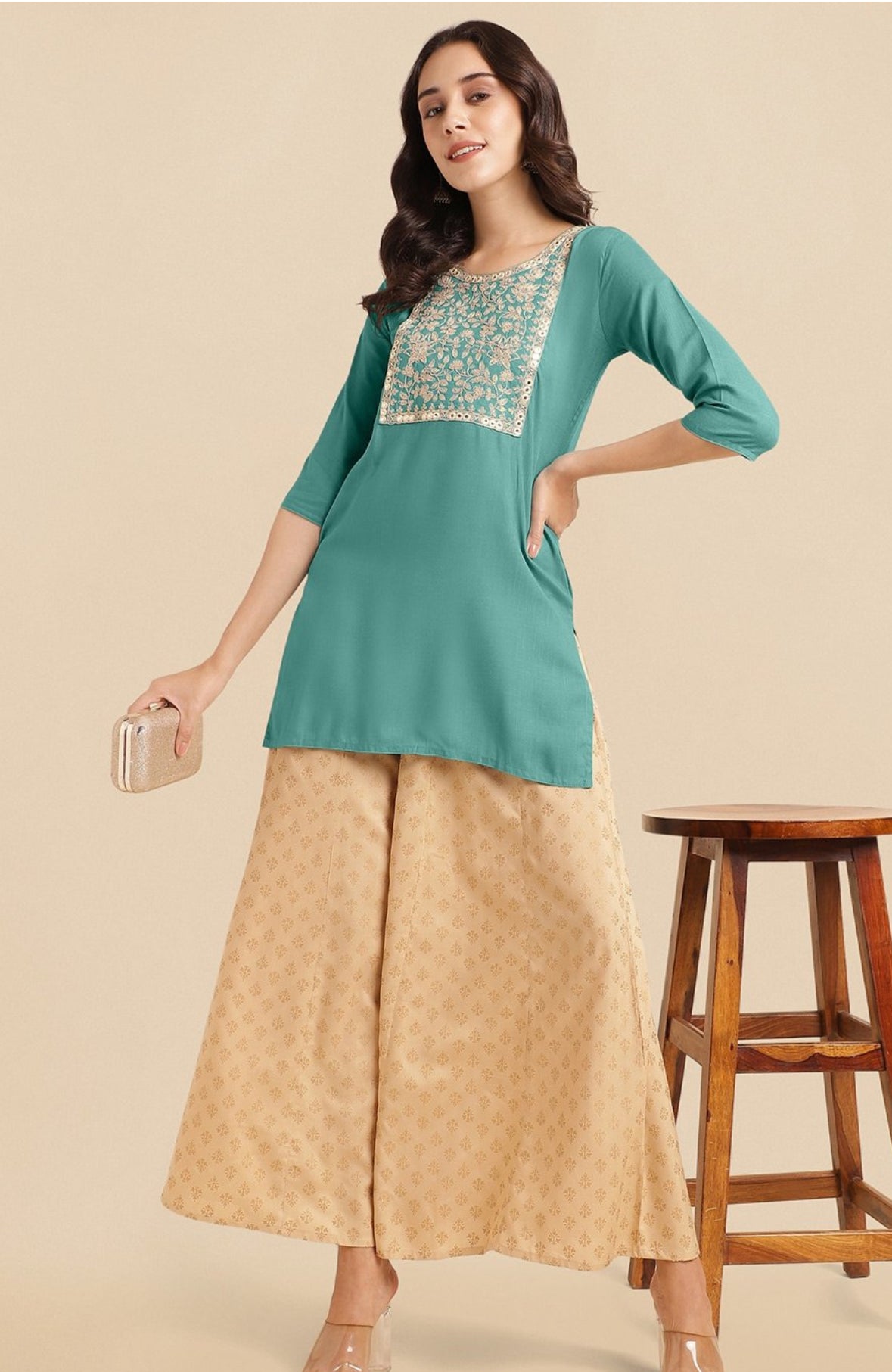 Green Yoke work short kurti