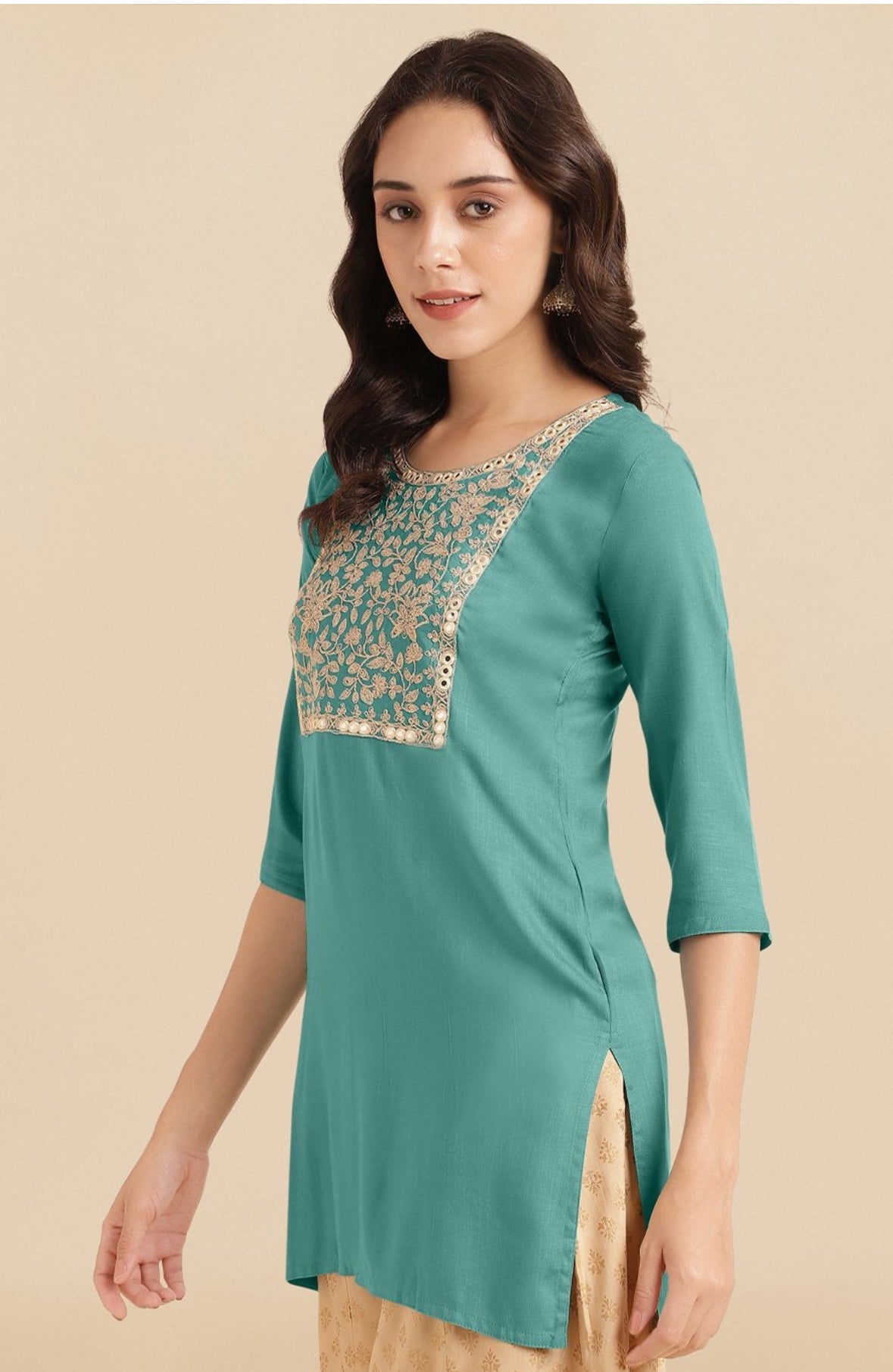 Green Yoke work short kurti