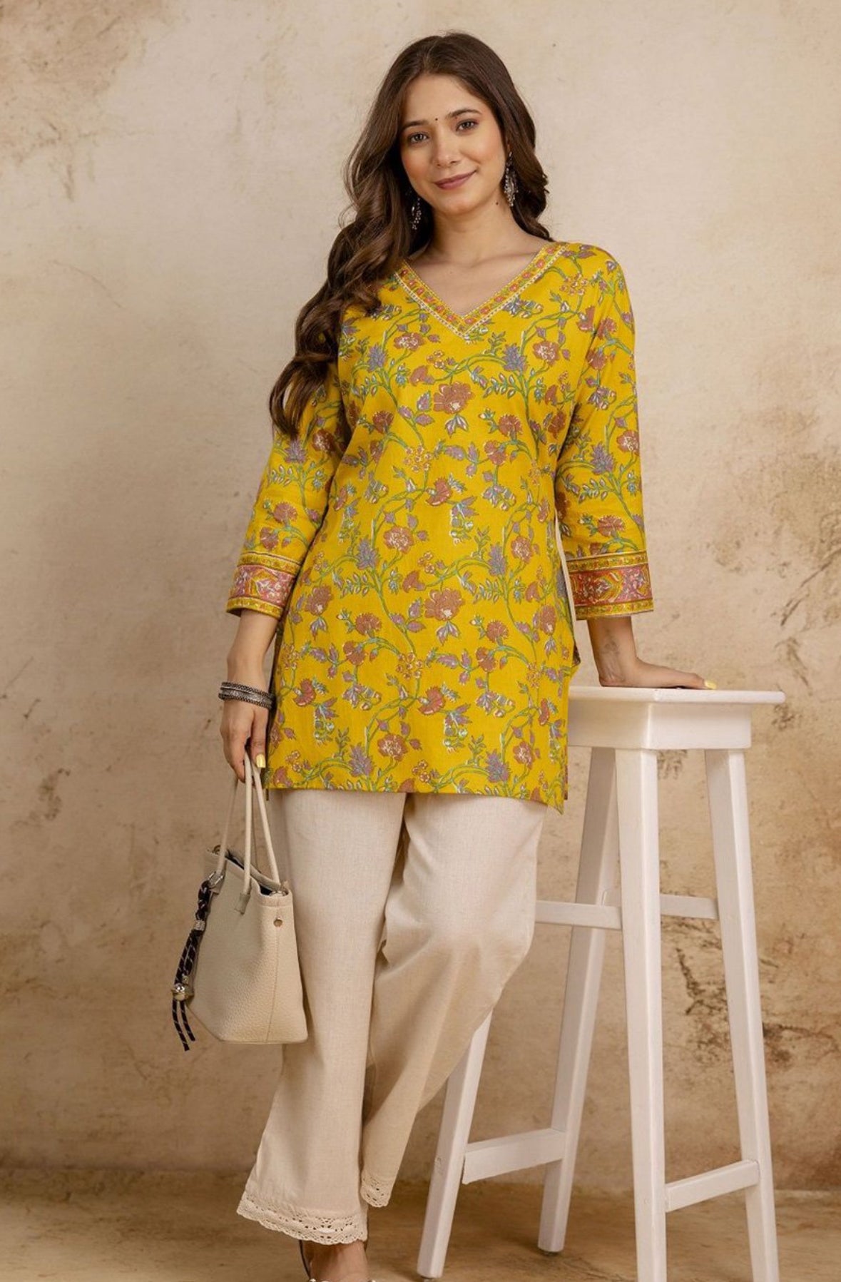 Yellow tropical print short kurti