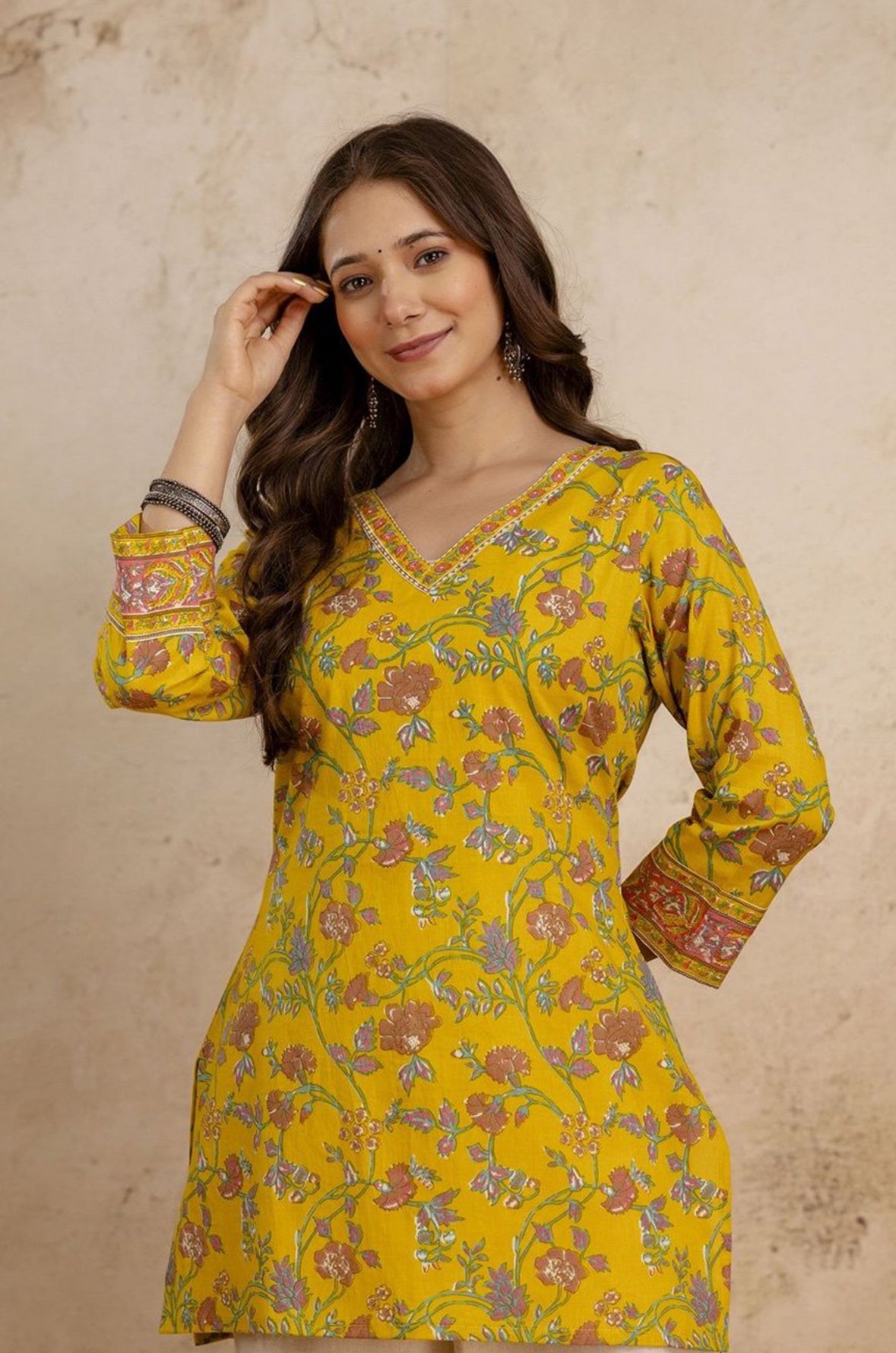 Yellow tropical print short kurti
