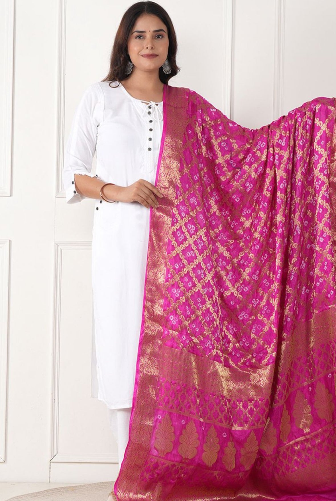 Pink silk Duppata with gold khadi work
