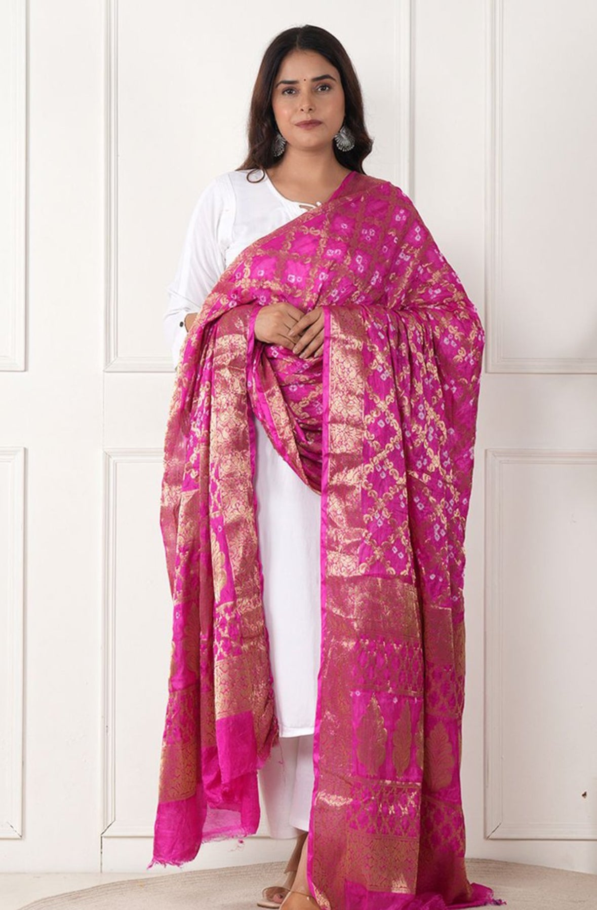 Pink silk Duppata with gold khadi work