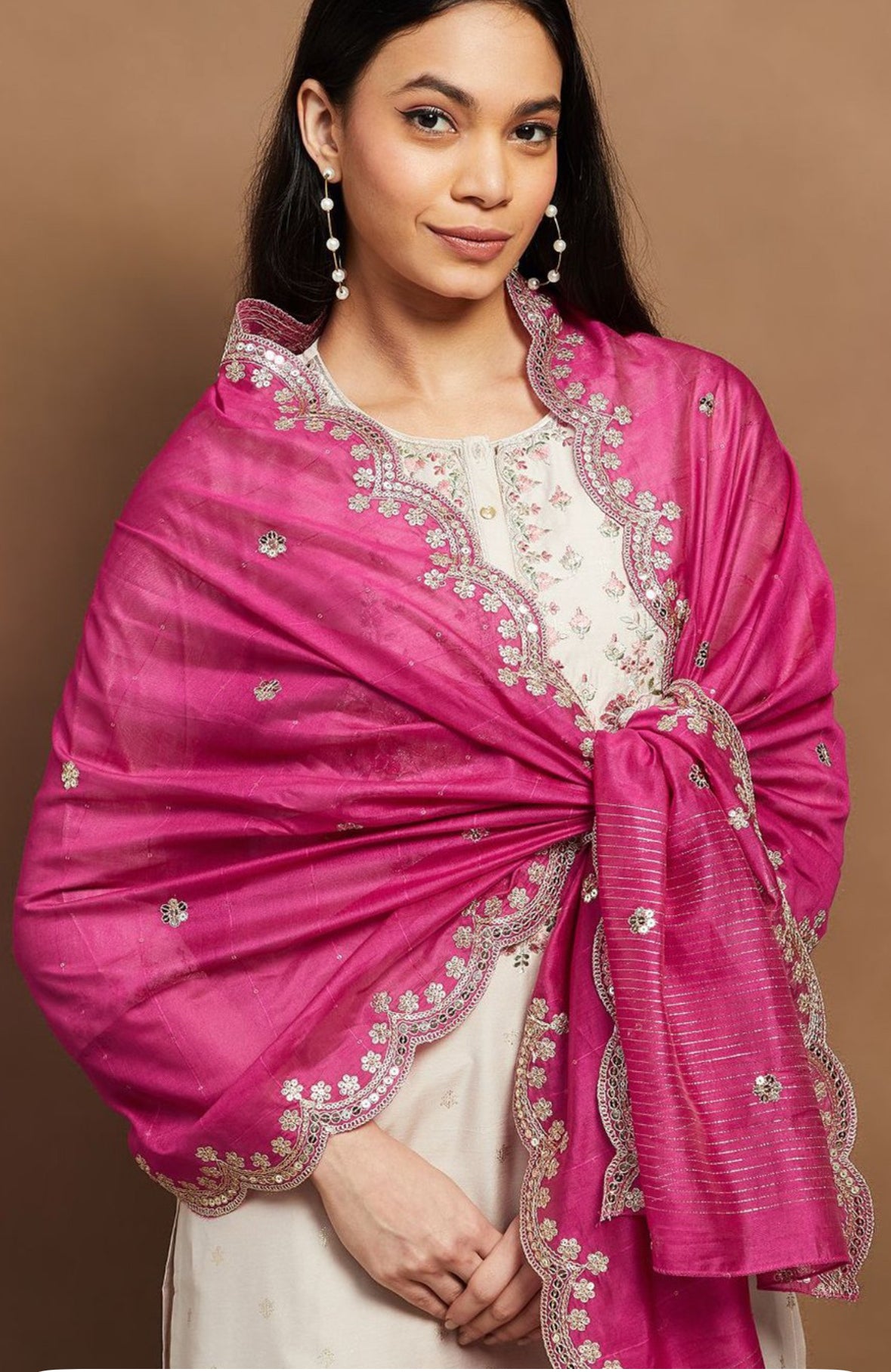Pink net dupatta with heavy silver border
