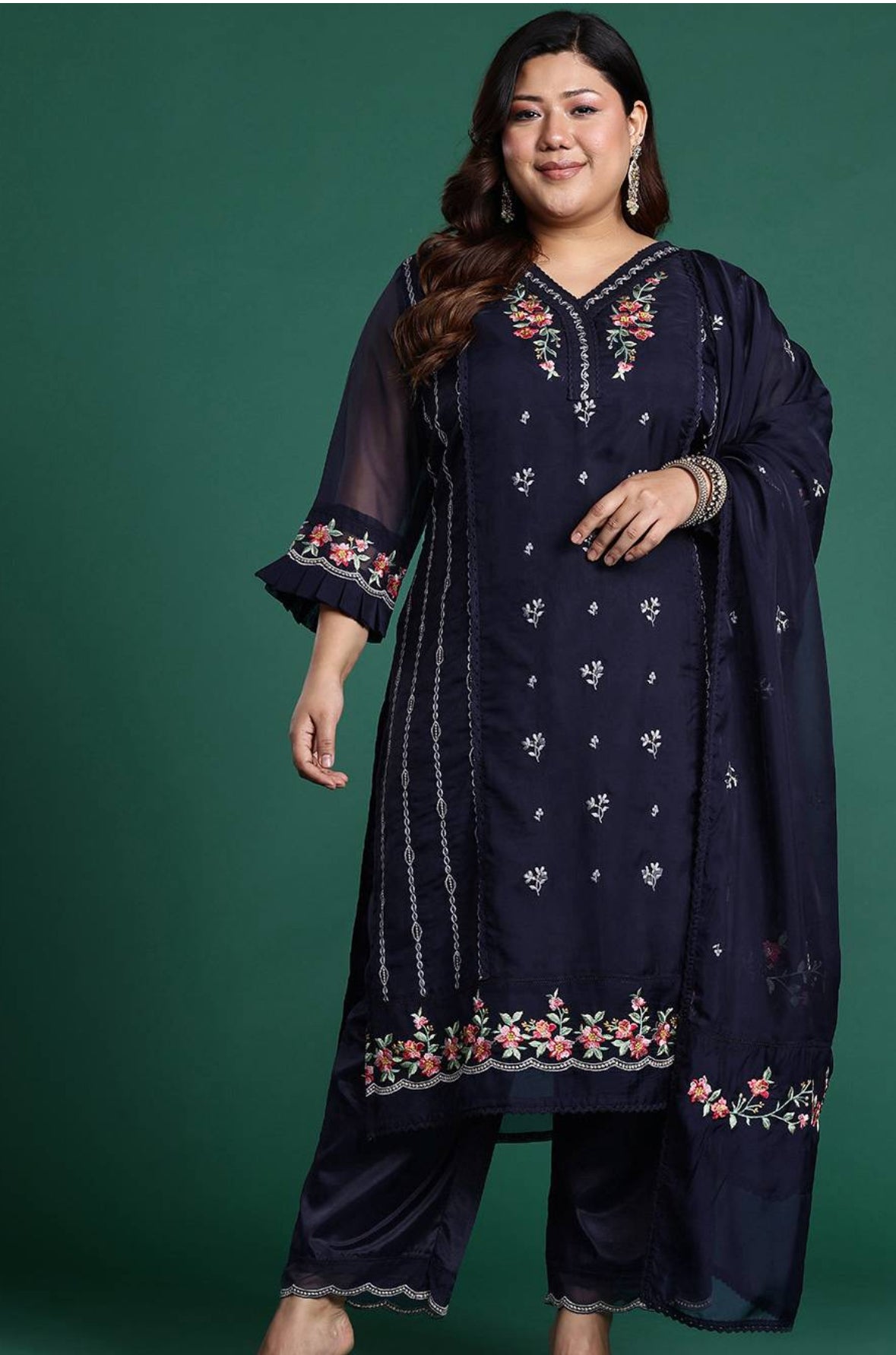 Dark Blue plus size silk suit set
