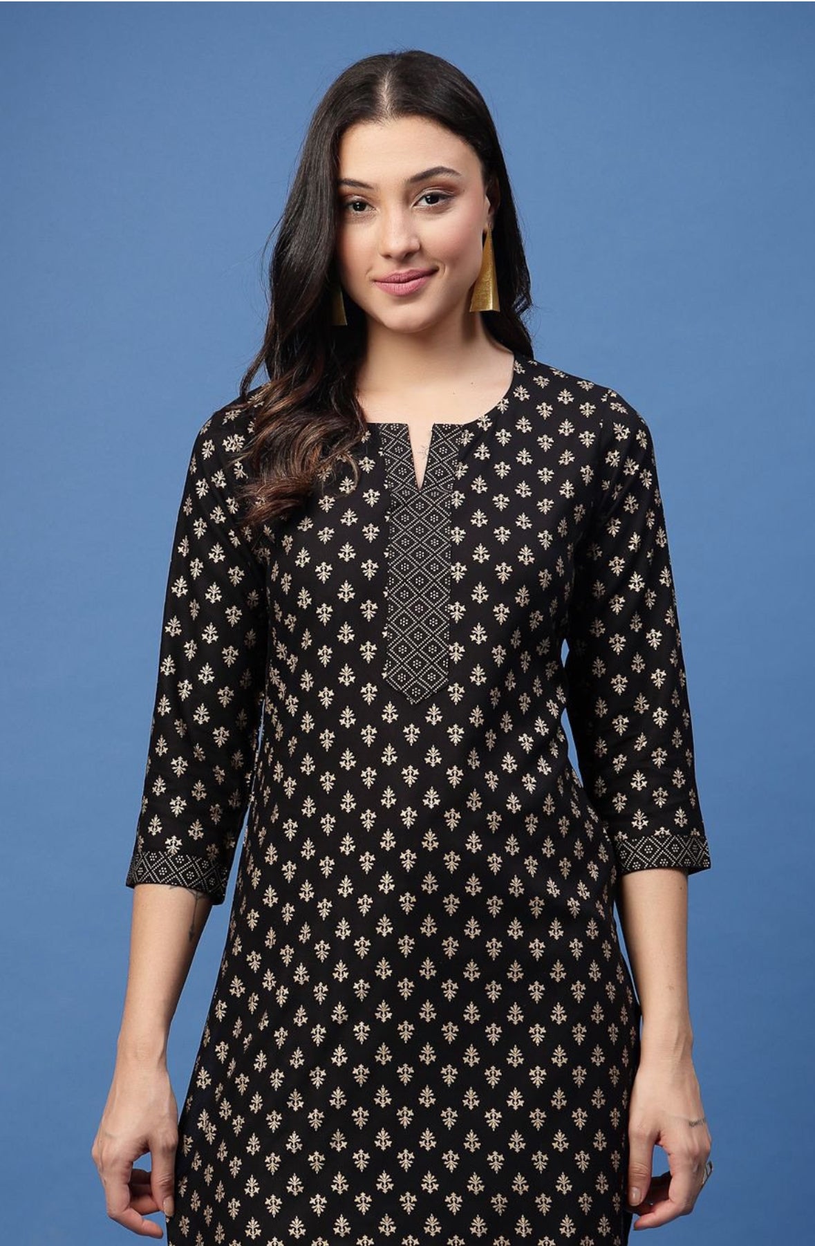 Black and gold motifs short kurti - Ethnic Wear
