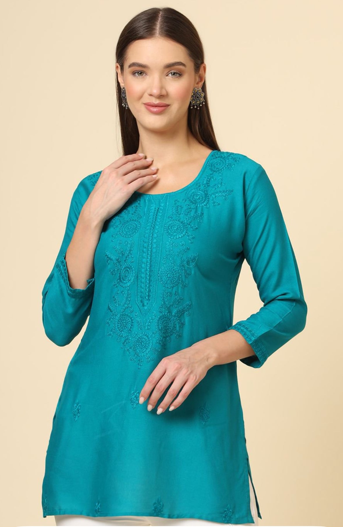 Teal green cotton short kurti | Indian wear
