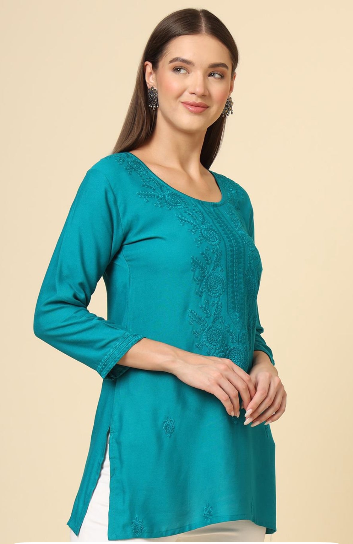 Teal green cotton short kurti | Indian wear