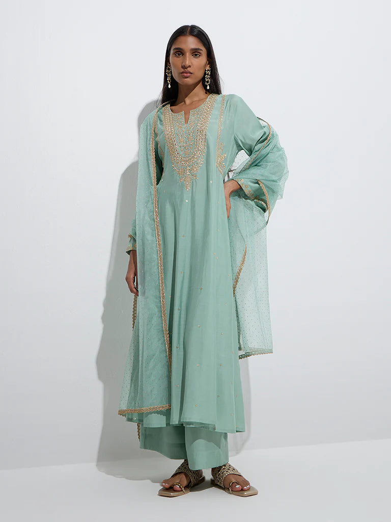 Sea green 3 piece Anarkali set Indian Ethnic wear