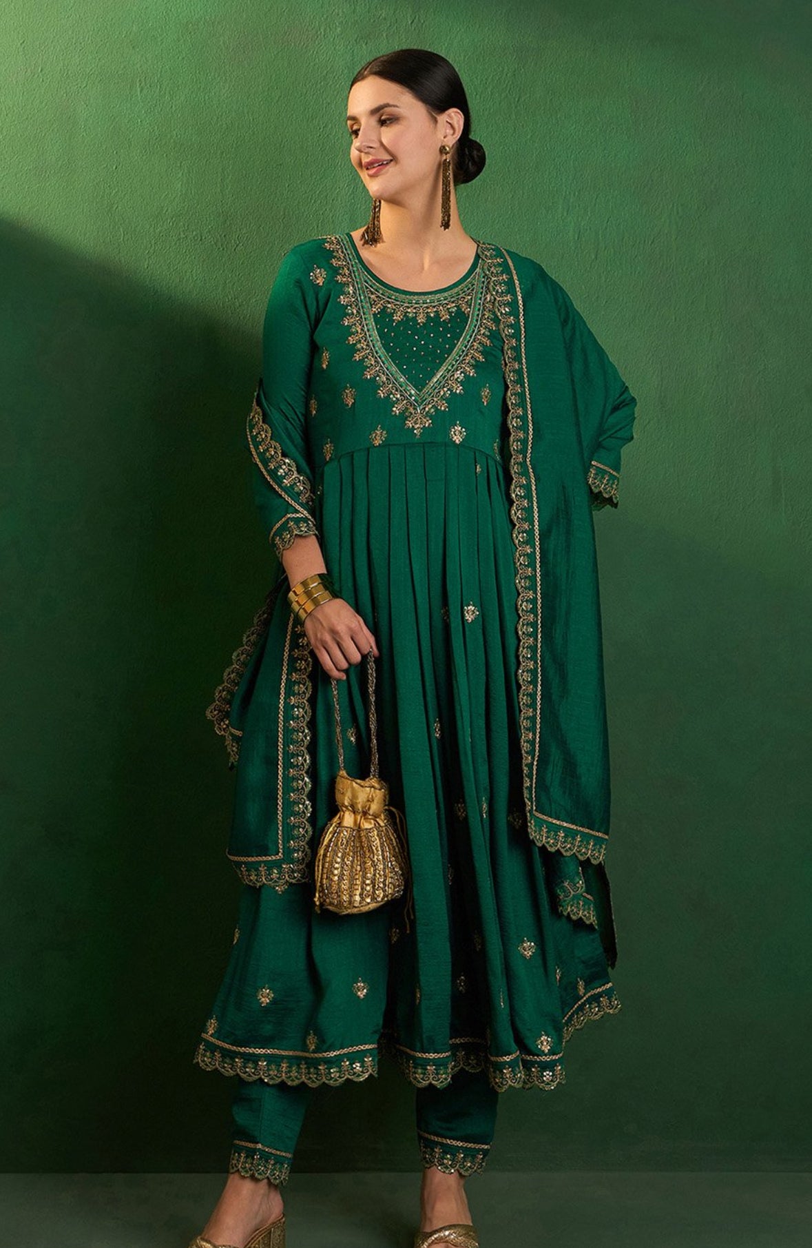 Silk green 3 piece Anarkali set Ethnic Wear
