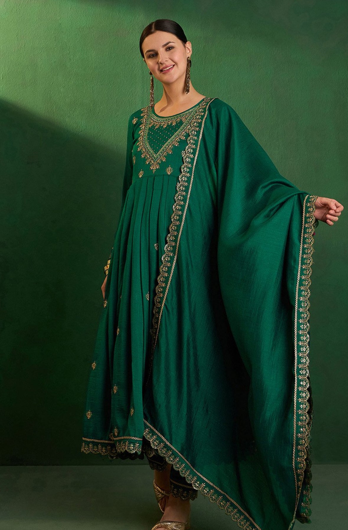 Silk green 3 piece Anarkali set Ethnic Wear
