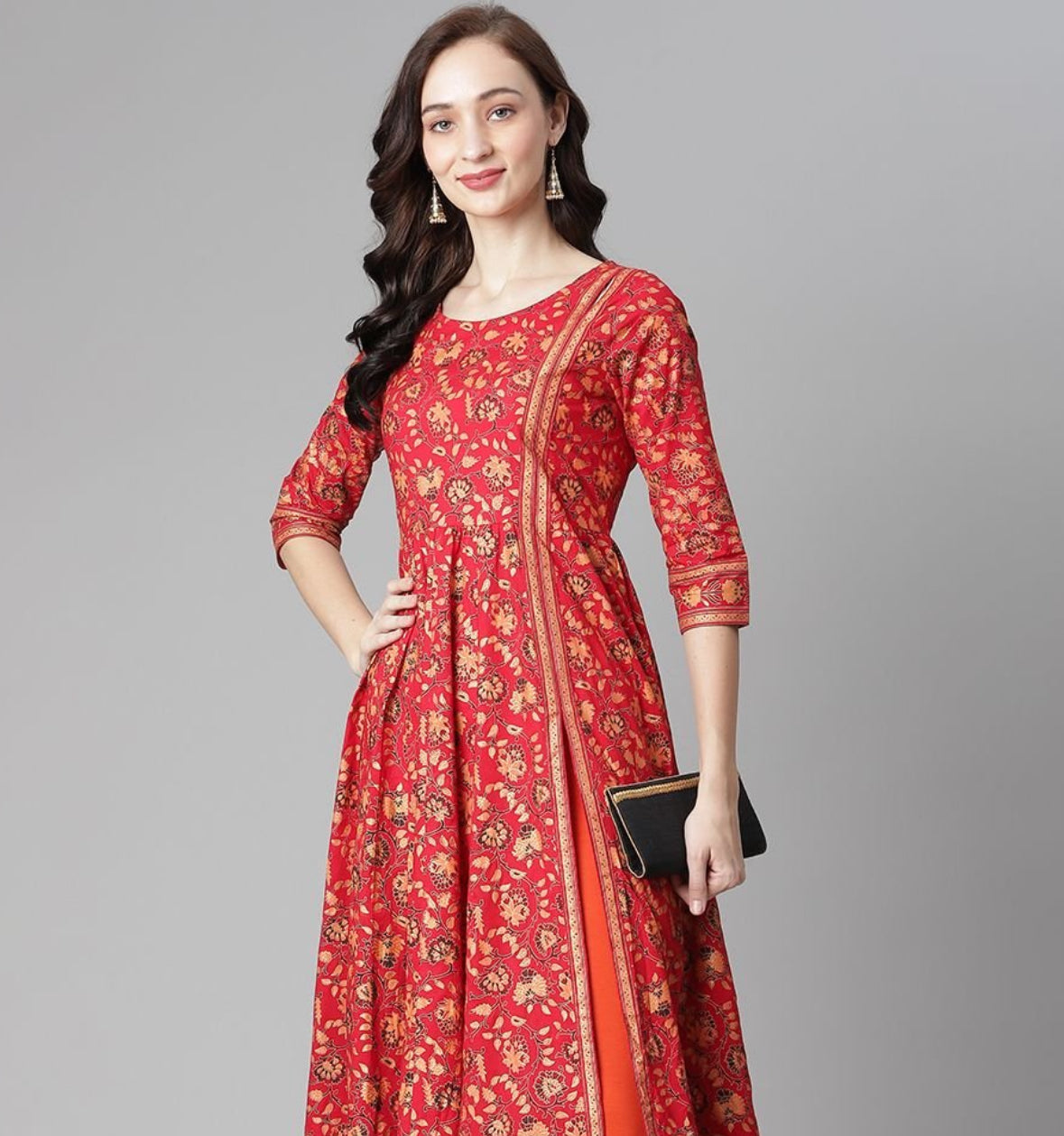 Floral slit kurta set with matching orange leggings