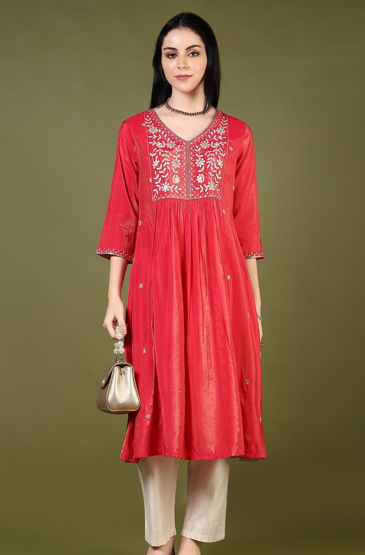 Red silk Anarkali kurta set