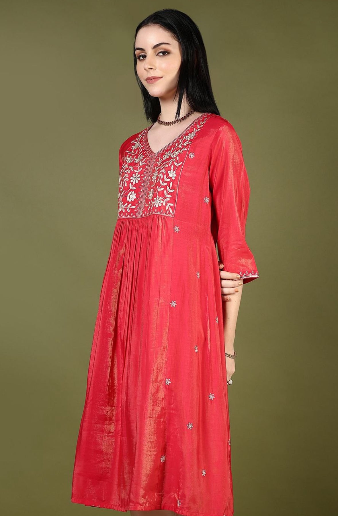 Red silk Anarkali kurta set