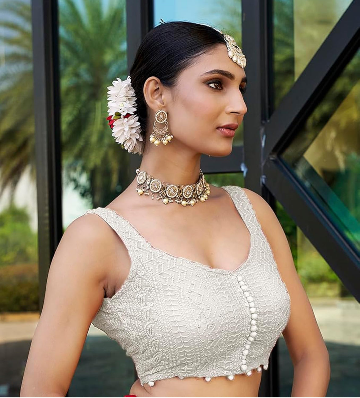 White chikankari thread work blouse