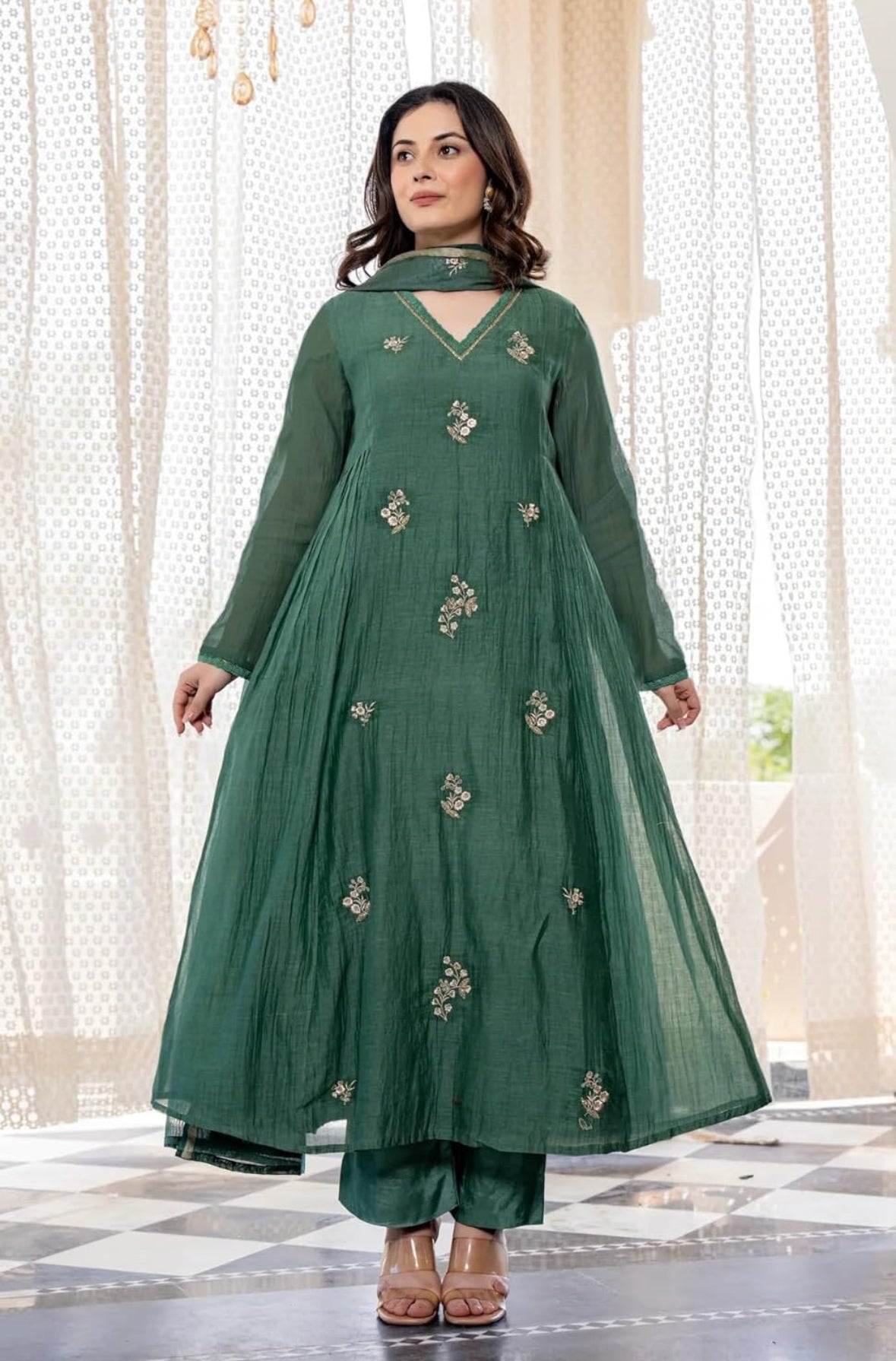 Green silk 3 piece Anarkali