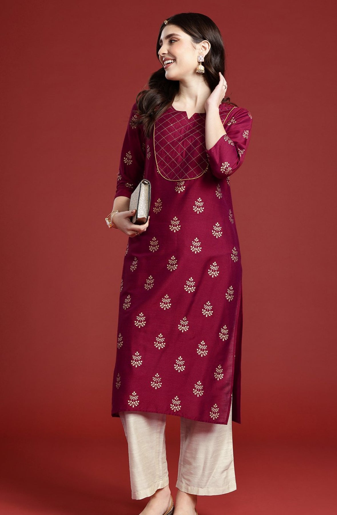 <img src="maroon-silk-set-kurta-bottom.jpg" alt="Maroon silk kurta and bottom set for women – elegant ethnic wear for festive and wedding occasions" />