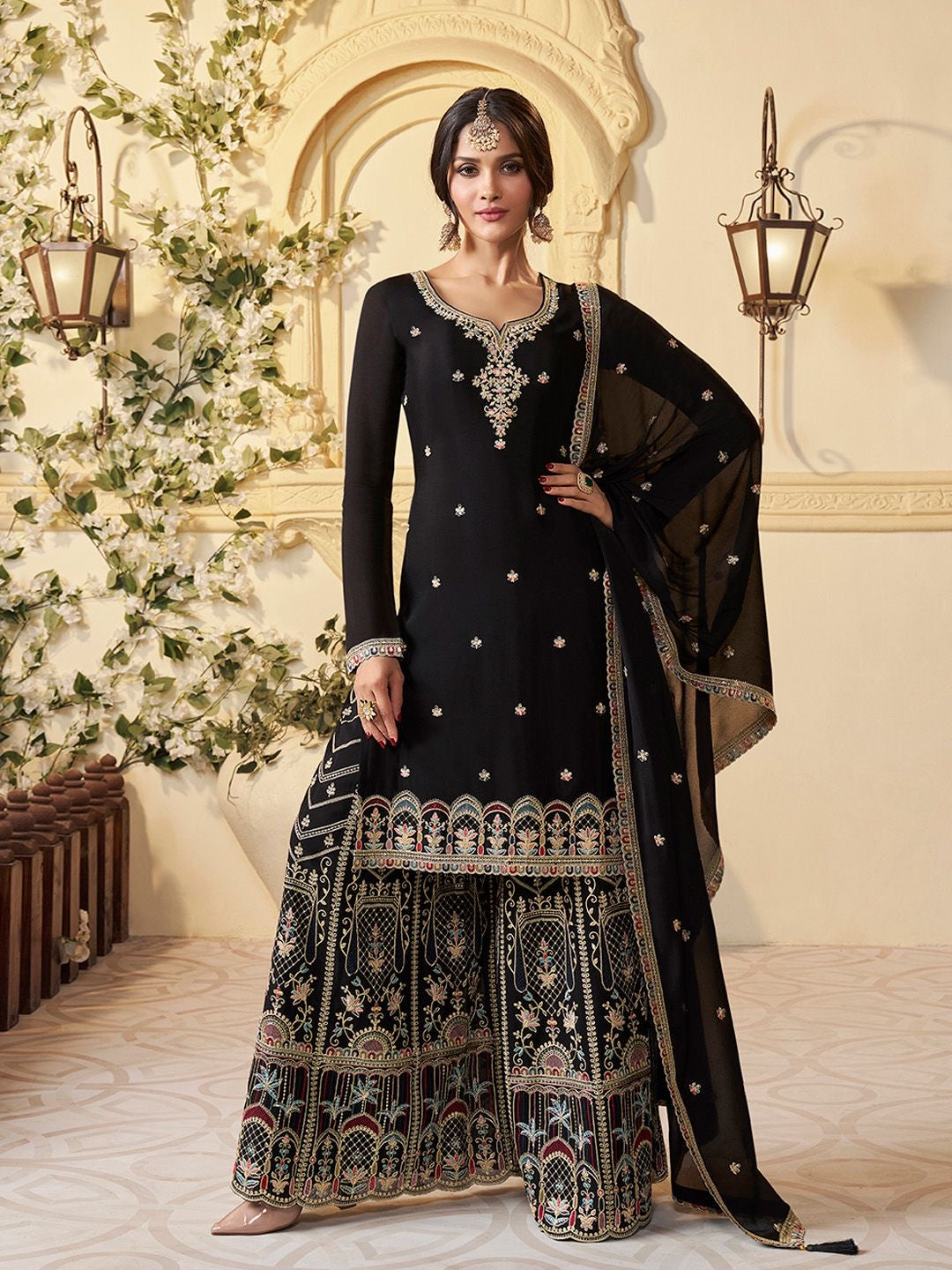 Black embroidered Sharara set