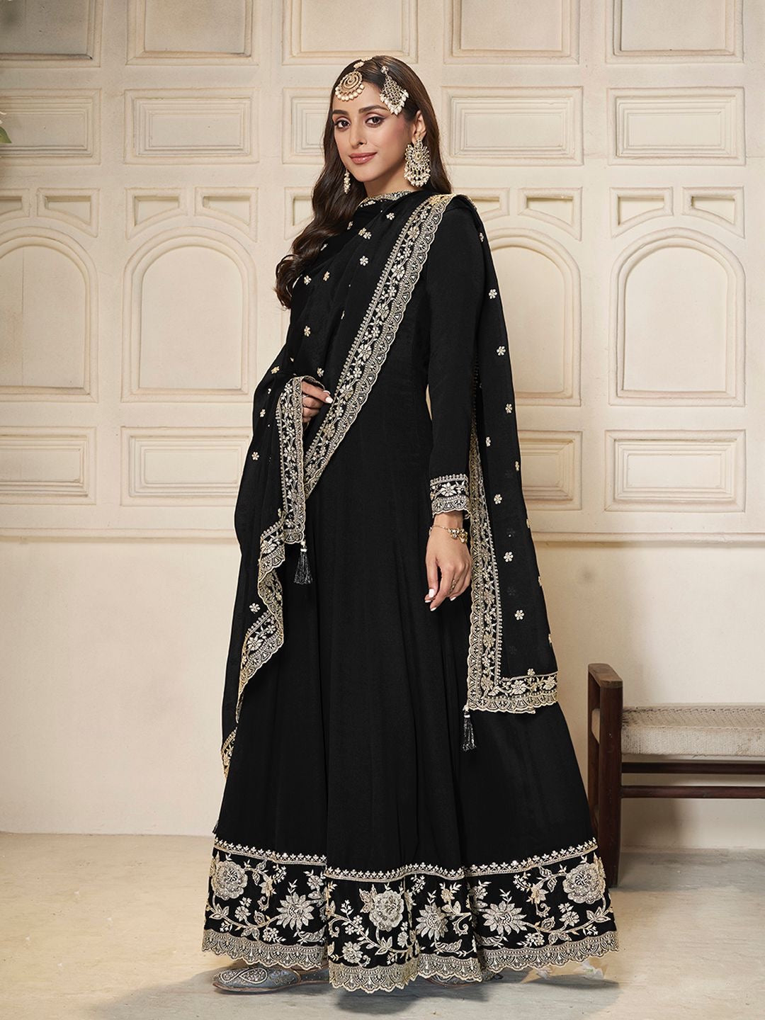Black long Anarkali with heavy embroidered
