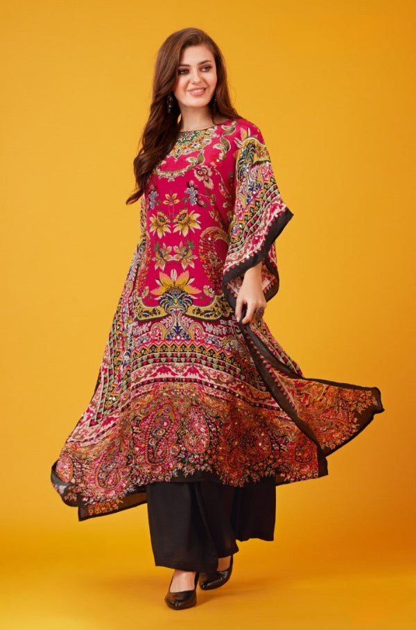Red & Pink mirror work long kaftan