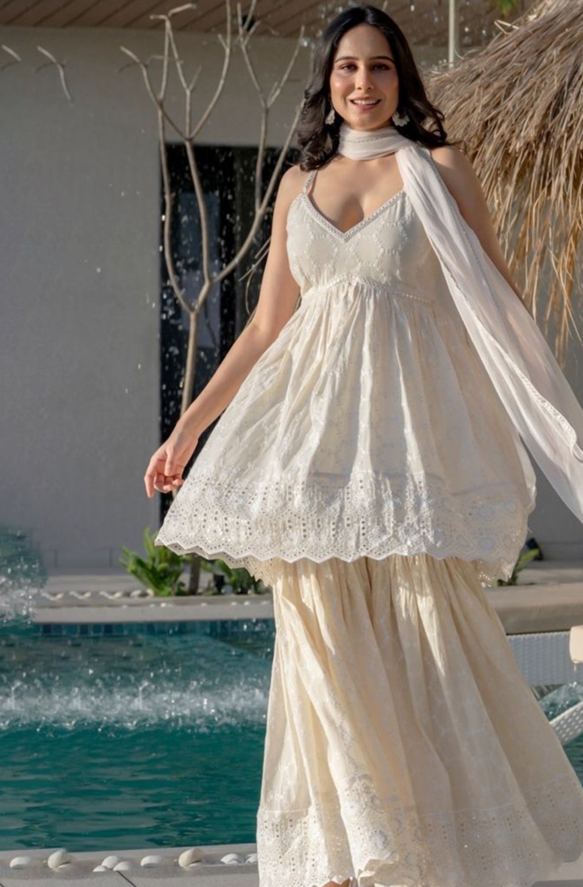 women chikankari thread work sharara set 